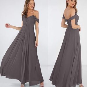 David’s Bridal Empire Off the Shoulder Chiffon Floor-Length Dress Grey